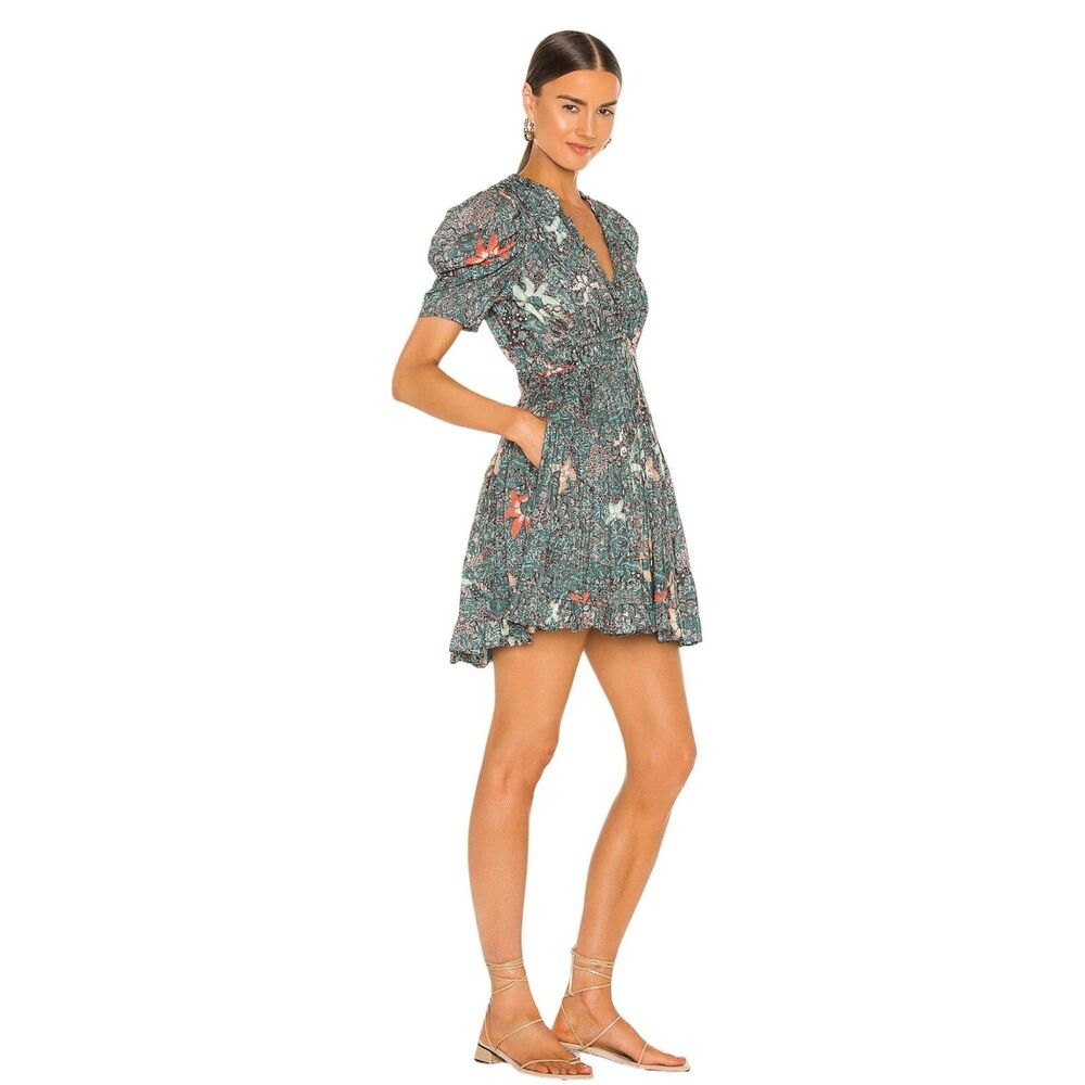 Ulla Johnson Sarai Puff Sleeve Mini Dress Blue Batik Floral V-Neck EUC Sz 6